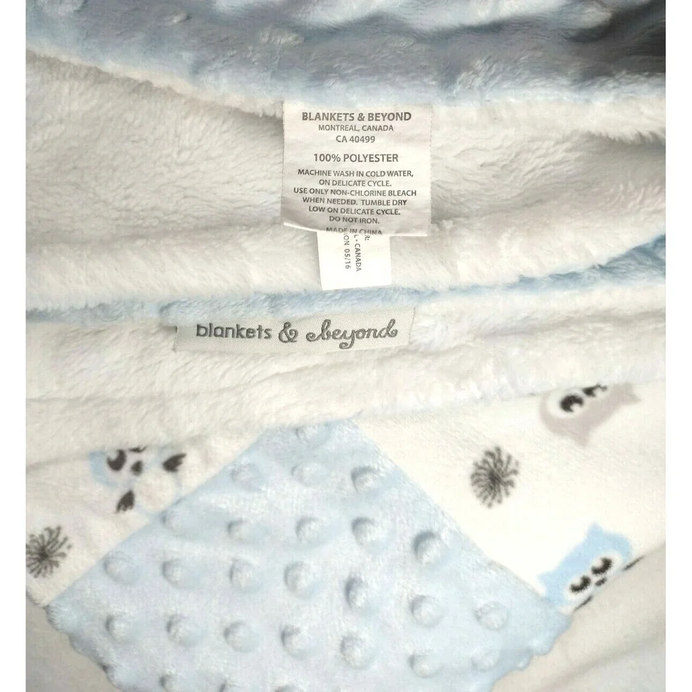 Blankets & Beyond Blue OWL Patchwork White Blanket Lovey Raised Minky Dots Baby
